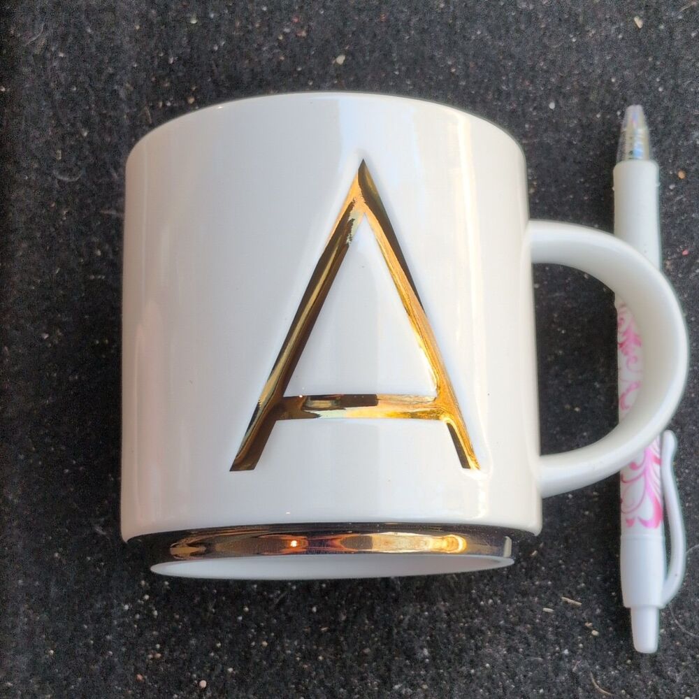 Williams-Sonoma Ceramic Coffee Mug White Gold Monogram A Novelty Decorated